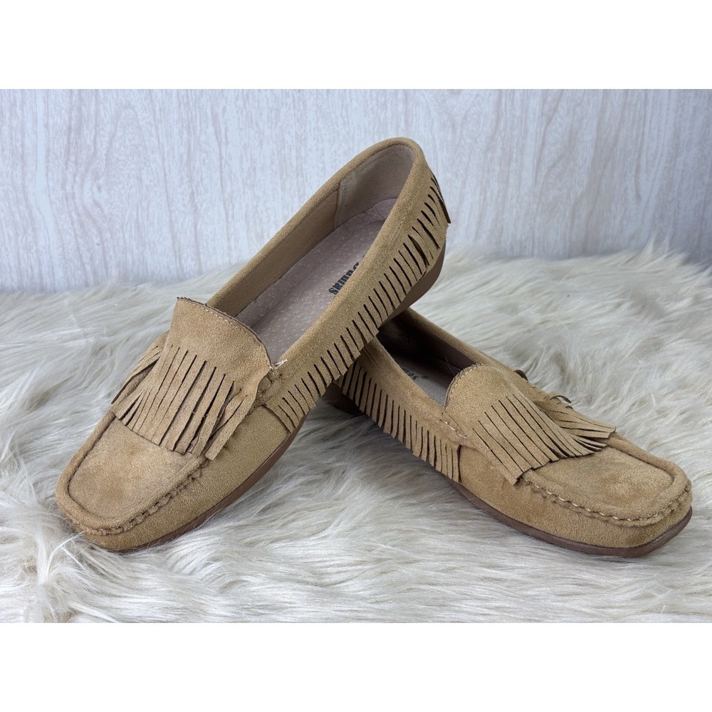 Pierre Dumas Kiltie Fringe Loafers Womens 10 Tan Faux Suede Preppy Moccasins